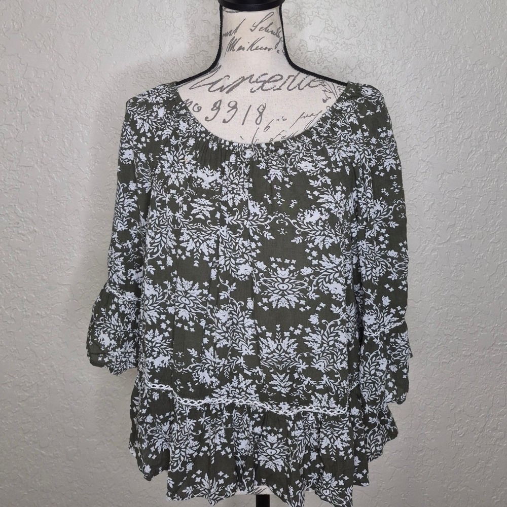 Democracy Womens Olive Green Floral Bell Sleeve Peplum Blouse Size M